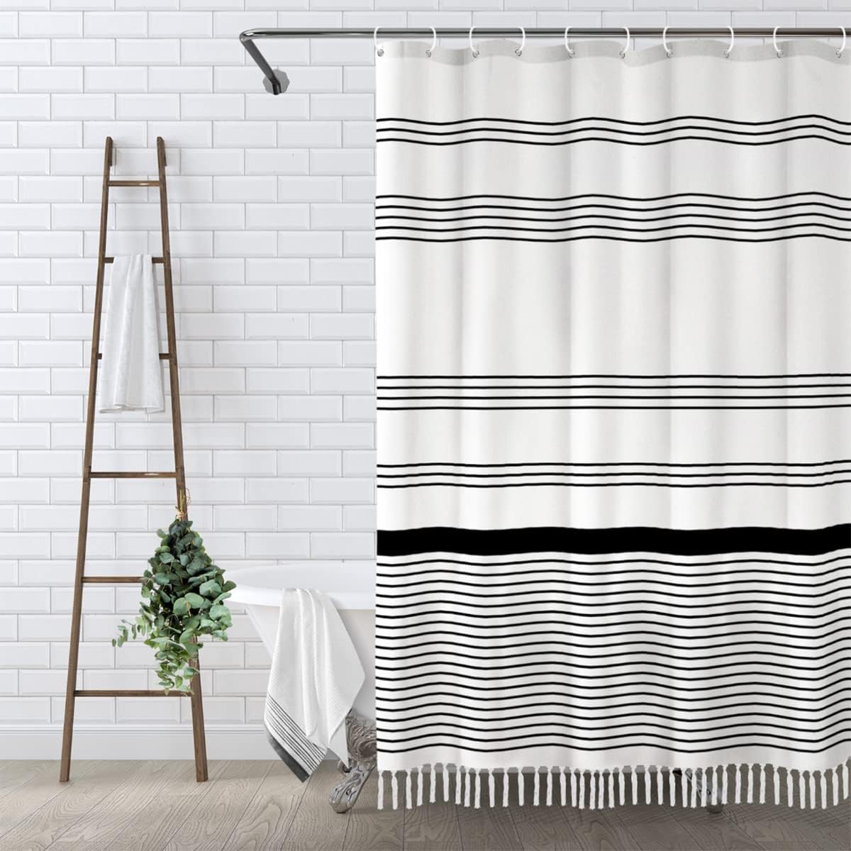 Awellife Boho Black Shower Curtain For Bathroom Farmhouse Natural Linen Stripe Tassel Shower Curtain (Black 1A, 84' L X 72' W)